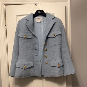 Chanel Light Blue Tweed Wool Blazer with Gold Gripoix Buttons.